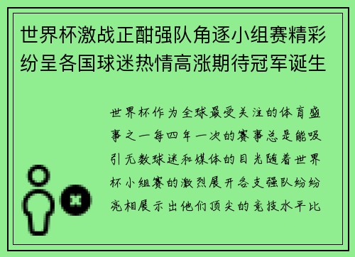 世界杯激战正酣强队角逐小组赛精彩纷呈各国球迷热情高涨期待冠军诞生