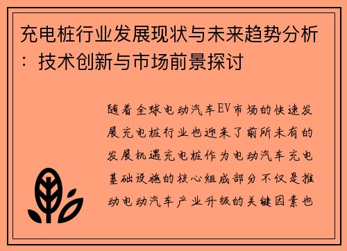 充电桩行业发展现状与未来趋势分析：技术创新与市场前景探讨